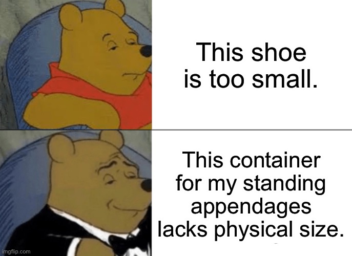 *Title goes here* | This shoe is too small. This container for my standing appendages lacks physical size. | image tagged in memes,tuxedo winnie the pooh,long meme | made w/ Imgflip meme maker