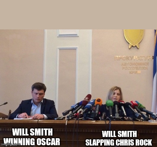 Reporter meme | WILL SMITH SLAPPING CHRIS ROCK; WILL SMITH WINNING OSCAR | image tagged in reporter meme,will smith,oscars | made w/ Imgflip meme maker