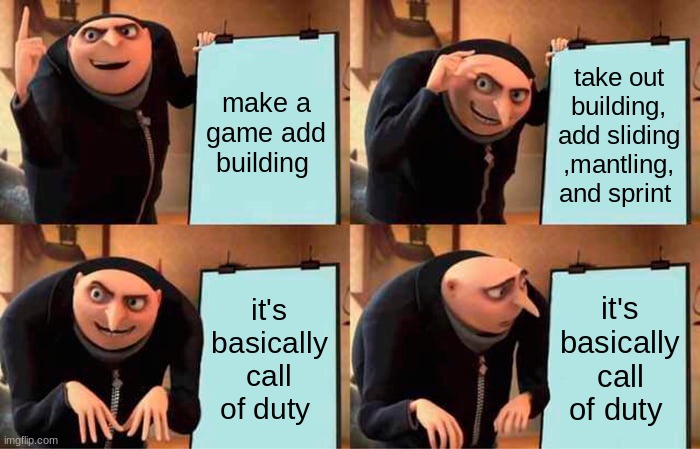 Gru's Plan Meme | make a game add building; take out building, add sliding ,mantling, and sprint; it's basically call of duty; it's basically call of duty | image tagged in memes,gru's plan | made w/ Imgflip meme maker
