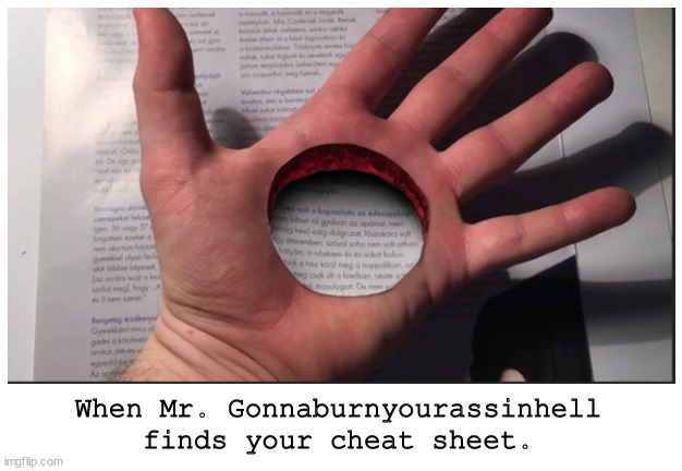 Mr. Gonnaburnyourassinhell has no humor. | When Mr. Gonnaburnyourassinhell
finds your cheat sheet. | image tagged in memes,funny,fun | made w/ Imgflip meme maker