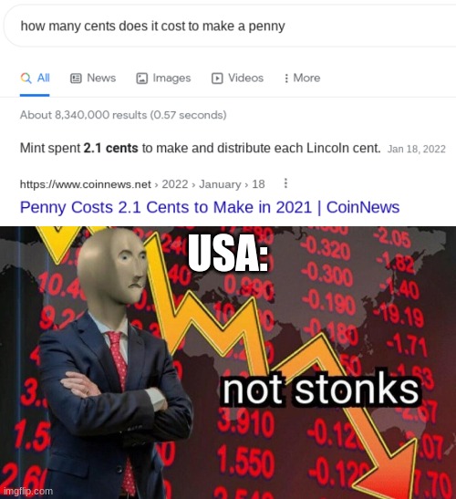 Pennies are not stonks | USA: | image tagged in not stonks,memes,funny,penny,usa | made w/ Imgflip meme maker