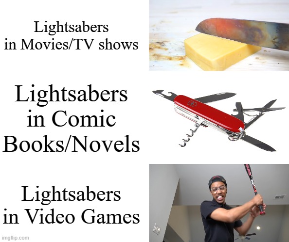 Lightsabers in Movies/TV shows; Lightsabers in Comic Books/Novels; Lightsabers in Video Games | image tagged in swiss army knife,lightsaber,baseball bat,hot knife,memes,star wars | made w/ Imgflip meme maker