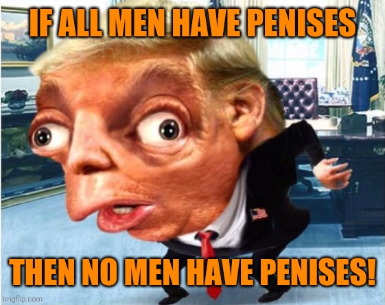 mocking trump | IF ALL MEN HAVE PENISES THEN NO MEN HAVE PENISES! | image tagged in mocking trump | made w/ Imgflip meme maker