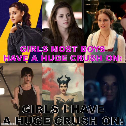 You're welcome. | GIRLS MOST BOYS HAVE A HUGE CRUSH ON:; GIRLS I HAVE A HUGE CRUSH ON: | image tagged in girls,crush,what are memes | made w/ Imgflip meme maker