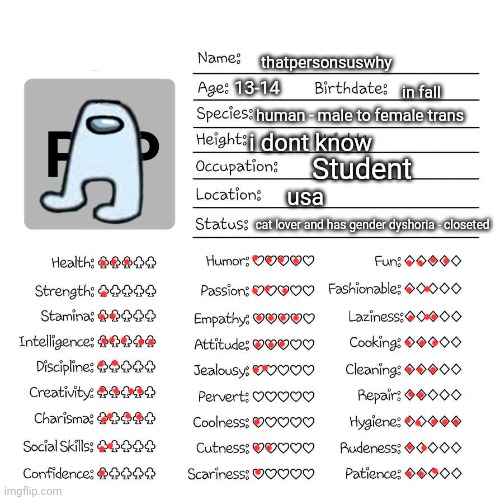 profile card : ) | thatpersonsuswhy; 13-14; in fall; human - male to female trans; i dont know; Student; usa; cat lover and has gender dyshoria - closeted | image tagged in profile card,ee | made w/ Imgflip meme maker