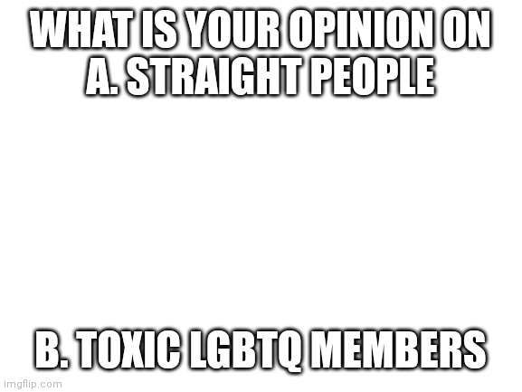 Blank White Template | WHAT IS YOUR OPINION ON
A. STRAIGHT PEOPLE; B. TOXIC LGBTQ MEMBERS | image tagged in blank white template | made w/ Imgflip meme maker