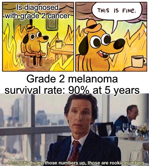Grade 2 cancer | Is diagnosed with grade 2 cancer; Grade 2 melanoma survival rate: 90% at 5 years | image tagged in memes,this is fine,you gotta bump those numbers up those are rookie numbers,cancer | made w/ Imgflip meme maker