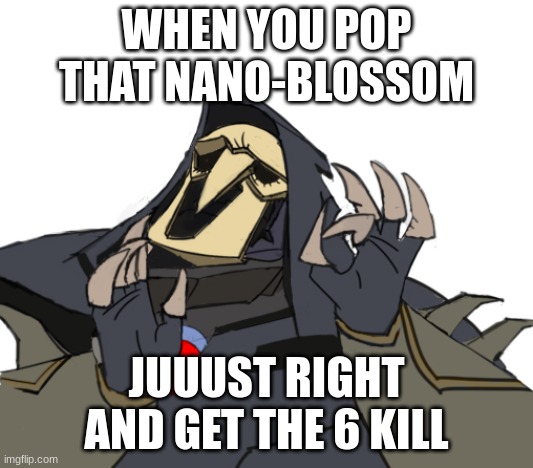 I feel like this | WHEN YOU POP THAT NANO-BLOSSOM; JUUUST RIGHT AND GET THE 6 KILL | image tagged in reaper overwatch just right | made w/ Imgflip meme maker