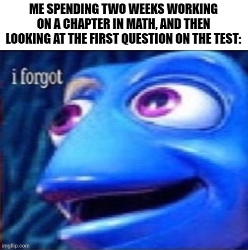 I Forgot | ME SPENDING TWO WEEKS WORKING ON A CHAPTER IN MATH, AND THEN LOOKING AT THE FIRST QUESTION ON THE TEST: | image tagged in dory i forgot | made w/ Imgflip meme maker