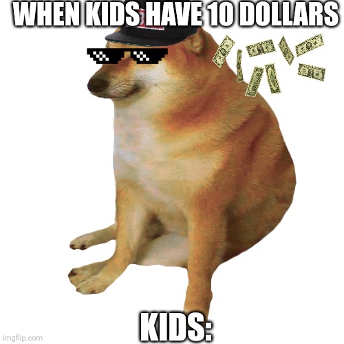 10 Dollars | WHEN KIDS HAVE 10 DOLLARS; KIDS: | image tagged in cheems | made w/ Imgflip meme maker