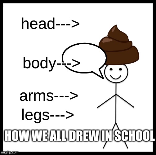 Be Like Bill Meme | head--->; body--->; arms--->; legs--->; HOW WE ALL DREW IN SCHOOL | image tagged in memes,be like bill | made w/ Imgflip meme maker