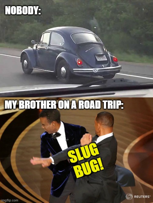 Ah, family vacation with the spice of domestic violence | NOBODY:; MY BROTHER ON A ROAD TRIP:; SLUG
BUG! | image tagged in will smith punching chris rock,memes,beetle,slug bug,road trip | made w/ Imgflip meme maker