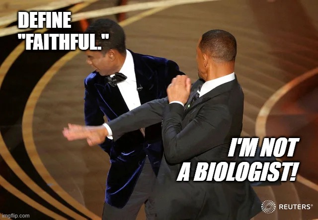 Chris Rock: "Satire just smacked the sh*t out of me!" |  DEFINE "FAITHFUL."; I'M NOT A BIOLOGIST! | image tagged in will smith punching chris rock,satire,culture,gender,meta,marriage | made w/ Imgflip meme maker