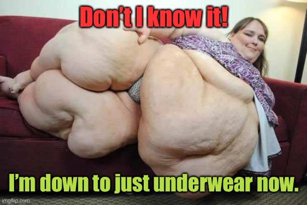 fat girl | Don’t I know it! I’m down to just underwear now. | image tagged in fat girl | made w/ Imgflip meme maker