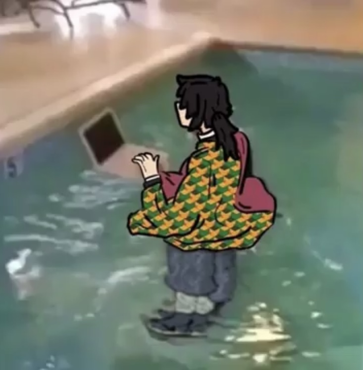 Tomioka with computer in water Blank Meme Template