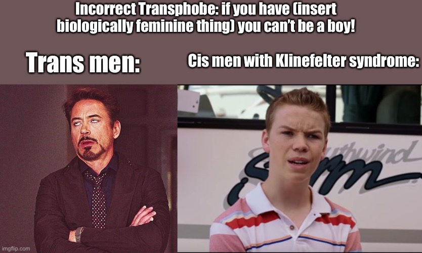 I’m learning about this in my basic biology class (ironic much?) | Incorrect Transphobe: if you have (insert biologically feminine thing) you can’t be a boy! Cis men with Klinefelter syndrome:; Trans men: | image tagged in robert downey jr annoyed,you guys are getting paid | made w/ Imgflip meme maker