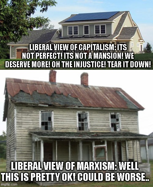 LIBERAL VIEW OF CAPITALISM: ITS NOT PERFECT! ITS NOT A MANSION! WE DESERVE MORE! OH THE INJUSTICE! TEAR IT DOWN! LIBERAL VIEW OF MARXISM: WELL THIS IS PRETTY OK! COULD BE WORSE.. | image tagged in house,crap shack | made w/ Imgflip meme maker