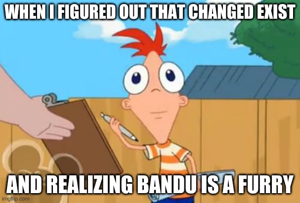 why | WHEN I FIGURED OUT THAT CHANGED EXIST; AND REALIZING BANDU IS A FURRY | image tagged in phineas front face | made w/ Imgflip meme maker