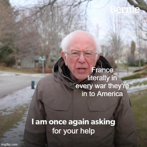 Bernie I Am Once Again Asking For Your Support |  France literally in every war they're in to America; for your help | image tagged in memes,bernie i am once again asking for your support | made w/ Imgflip meme maker