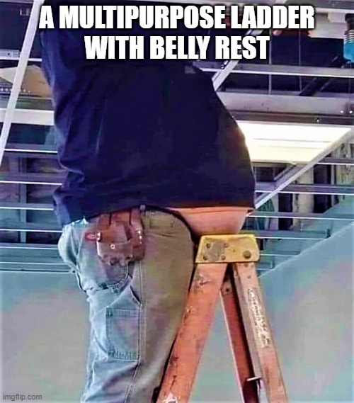 multipurpose ladder |  A MULTIPURPOSE LADDER
WITH BELLY REST | image tagged in funny memes,fat man meme,fat guy,multipurpose,ladder,rest | made w/ Imgflip meme maker