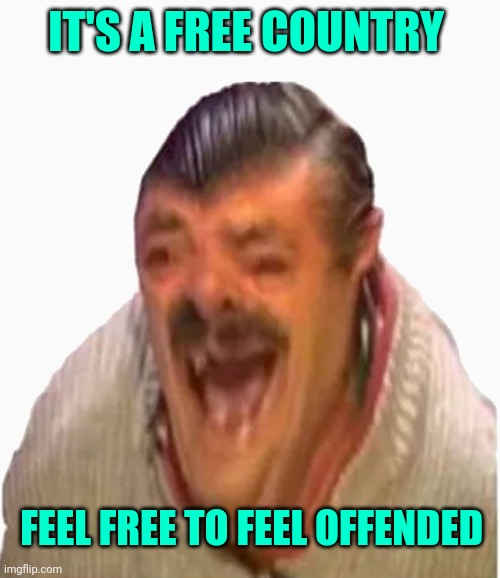 IT'S A FREE COUNTRY | IT'S A FREE COUNTRY; FEEL FREE TO FEEL OFFENDED | image tagged in laughing spanish guy,feel free,feel offended | made w/ Imgflip meme maker