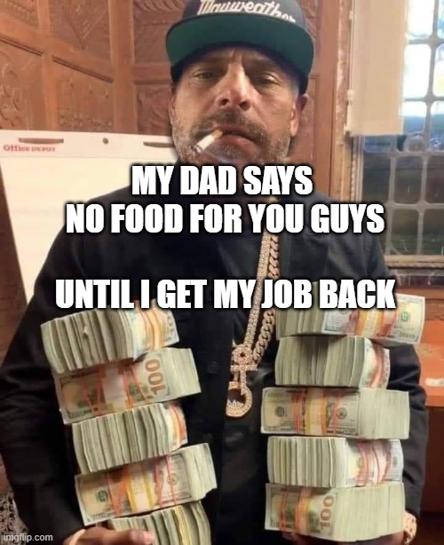Hunter Biden Bag Man | MY DAD SAYS  NO FOOD FOR YOU GUYS              UNTIL I GET MY JOB BACK | image tagged in hunter biden bag man | made w/ Imgflip meme maker