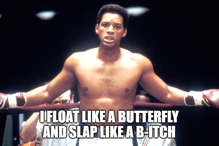 Will Smith | I FLOAT LIKE A BUTTERFLY AND SLAP LIKE A B-ITCH | image tagged in boxing | made w/ Imgflip meme maker
