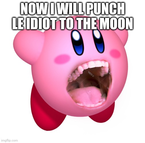 Kirby with teeth (god is extinct) | NOW I WILL PUNCH LE IDIOT TO THE MOON | image tagged in kirby with teeth god is extinct | made w/ Imgflip meme maker