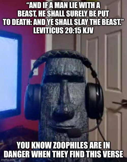 Moai gaming | “AND IF A MAN LIE WITH A BEAST, HE SHALL SURELY BE PUT TO DEATH: AND YE SHALL SLAY THE BEAST.”
‭‭LEVITICUS‬ ‭20:15‬ ‭KJV‬‬; YOU KNOW ZOOPHILES ARE IN DANGER WHEN THEY FIND THIS VERSE | image tagged in yes | made w/ Imgflip meme maker