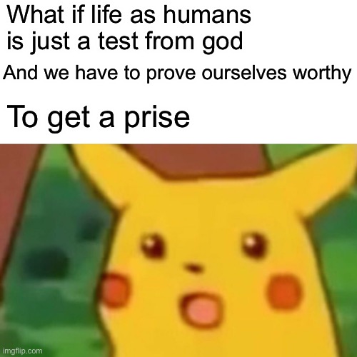 Conspirasy tearist | What if life as humans is just a test from god; And we have to prove ourselves worthy; To get a prise | image tagged in memes,surprised pikachu | made w/ Imgflip meme maker