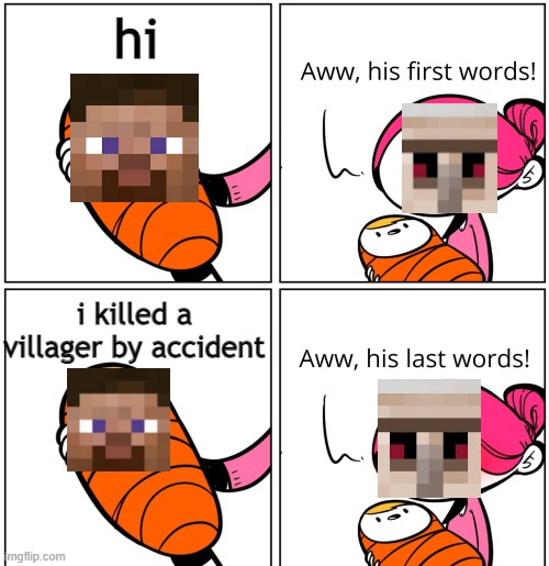 He's all gonna dye | hi; i killed a villager by accident | image tagged in aww his last words,minecraft villagers,tags aren't important | made w/ Imgflip meme maker