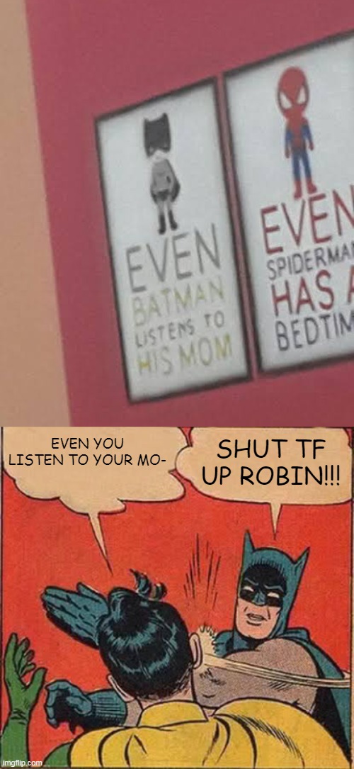 EVEN YOU LISTEN TO YOUR MO-; SHUT TF UP ROBIN!!! | image tagged in memes,batman slapping robin,funny | made w/ Imgflip meme maker