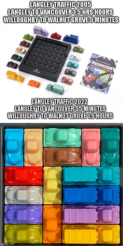 LANGLEY TRAFFIC 2005 
LANGLEY TO VANCOUVER 1.5 HRS HOURS 
WILLOUGHBY TO WALNUT GROVE 5 MINUTES; LANGLEY TRAFFIC 2022 
LANGLEY TO VANCOUVER 35 MINUTES
WILLOUGHBY TO WALNUT GROVE 1.5 HOURS | made w/ Imgflip meme maker