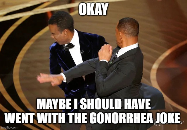 another touchy subject at the Smith home | OKAY; MAYBE I SHOULD HAVE WENT WITH THE GONORRHEA JOKE | image tagged in will smith punching chris rock | made w/ Imgflip meme maker