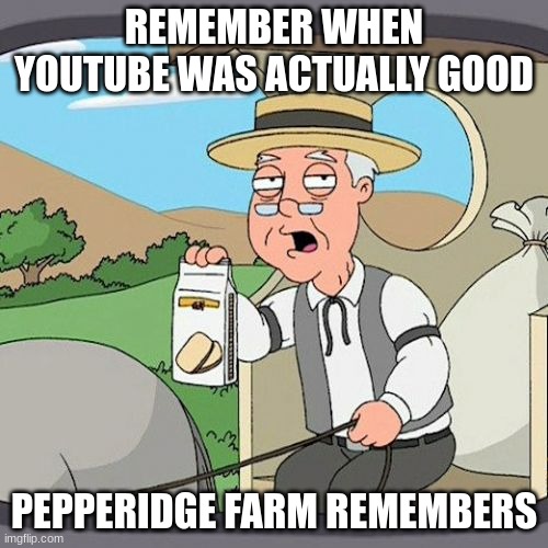 remember when youtube was good | REMEMBER WHEN YOUTUBE WAS ACTUALLY GOOD; PEPPERIDGE FARM REMEMBERS | image tagged in memes,pepperidge farm remembers | made w/ Imgflip meme maker