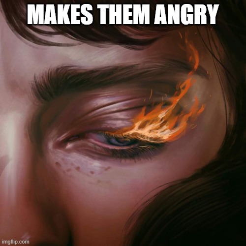 burns eyes | MAKES THEM ANGRY | image tagged in burns eyes | made w/ Imgflip meme maker