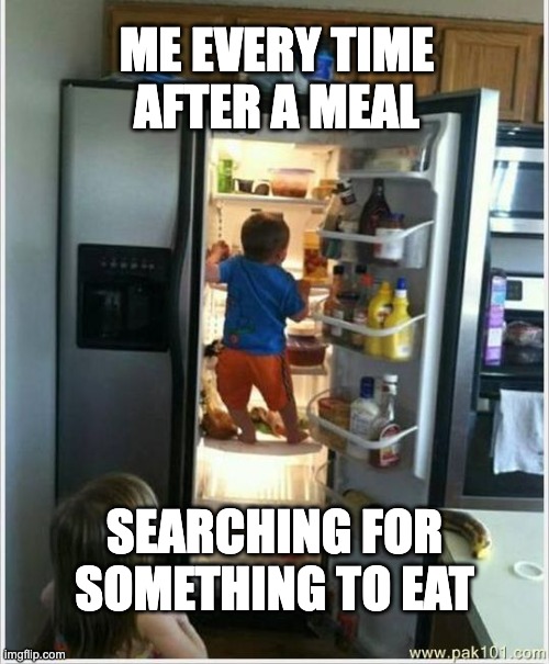 baby getting food from fridge | ME EVERY TIME AFTER A MEAL; SEARCHING FOR SOMETHING TO EAT | image tagged in baby getting food from fridge | made w/ Imgflip meme maker