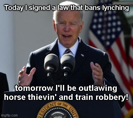 Behind The Times Biden |  Today I signed a law that bans lynching; tomorrow I'll be outlawing horse thievin' and train robbery! | image tagged in joe biden announcement,behind the times,grandstanding,laws already on the books,stupidity,political humor | made w/ Imgflip meme maker