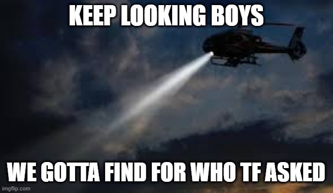Me and the boys |  KEEP LOOKING BOYS; WE GOTTA FIND FOR WHO TF ASKED | image tagged in helicopter flying in the air | made w/ Imgflip meme maker
