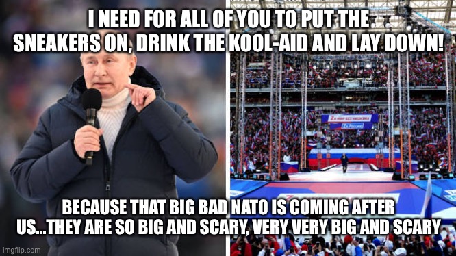 I NEED FOR ALL OF YOU TO PUT THE SNEAKERS ON, DRINK THE KOOL-AID AND LAY DOWN! BECAUSE THAT BIG BAD NATO IS COMING AFTER US...THEY ARE SO BIG AND SCARY, VERY VERY BIG AND SCARY | made w/ Imgflip meme maker