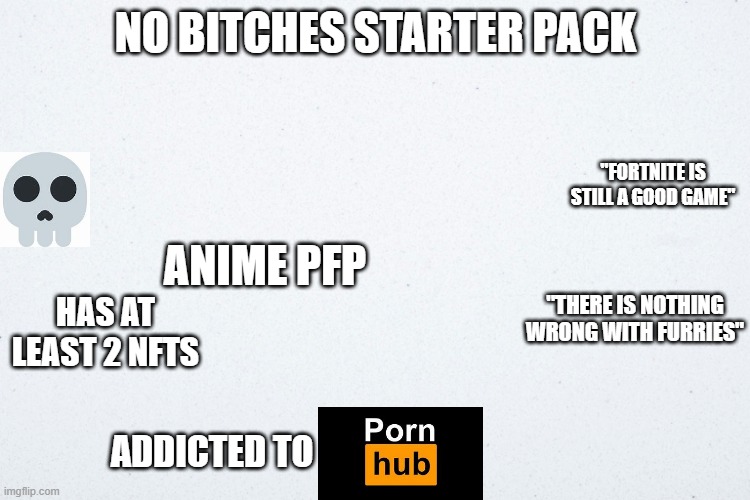 No bitches starter pack | NO BITCHES STARTER PACK; "FORTNITE IS STILL A GOOD GAME"; ANIME PFP; "THERE IS NOTHING WRONG WITH FURRIES"; HAS AT LEAST 2 NFTS; ADDICTED TO | image tagged in starter pack,no bitches | made w/ Imgflip meme maker