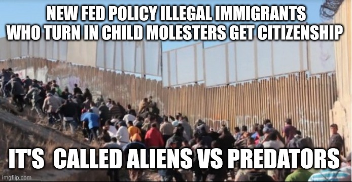 Aliens vs predators | NEW FED POLICY ILLEGAL IMMIGRANTS WHO TURN IN CHILD MOLESTERS GET CITIZENSHIP; IT'S  CALLED ALIENS VS PREDATORS | image tagged in illegal immigrants | made w/ Imgflip meme maker