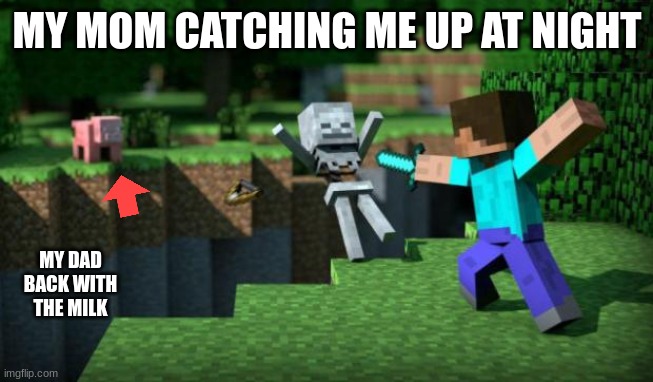 " But mom... *her beating the crap out of me w/ a whip*" | MY MOM CATCHING ME UP AT NIGHT; MY DAD BACK WITH THE MILK | image tagged in minecraft swordsman | made w/ Imgflip meme maker
