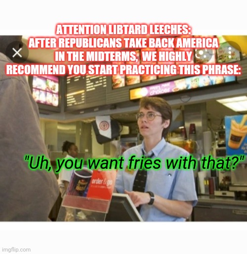 The Gravy-Train's Over Bitch | ATTENTION LIBTARD LEECHES: AFTER REPUBLICANS TAKE BACK AMERICA IN THE MIDTERMS,  WE HIGHLY RECOMMEND YOU START PRACTICING THIS PHRASE:; "Uh, you want fries with that?" | image tagged in useless,libtards,lazy,ass,democrats | made w/ Imgflip meme maker