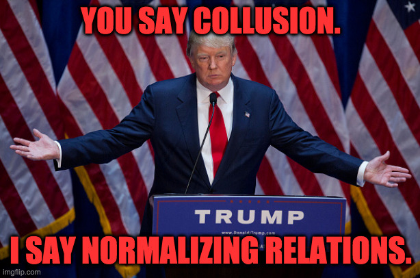 Donald Trump | YOU SAY COLLUSION. I SAY NORMALIZING RELATIONS. | image tagged in donald trump | made w/ Imgflip meme maker