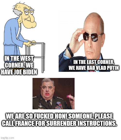 This is embarrassing |  IN THE EAST CORNER, WE HAVE BAD VLAD PUTIN; IN THE WEST CORNER, WE HAVE JOE BIDEN; WE ARE SO FUCKED HON! SOMEONE, PLEASE CALL FRANCE FOR SURRENDER INSTRUCTIONS. | image tagged in biden,putin | made w/ Imgflip meme maker