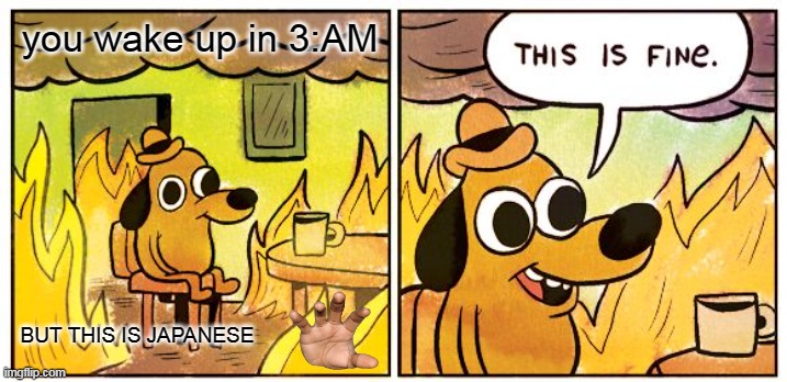 This Is Fine | you wake up in 3:AM; BUT THIS IS JAPANESE | image tagged in memes,this is fine | made w/ Imgflip meme maker