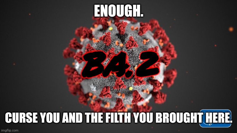 COVID-19 + BA.2's message to everybody in the world who lifting restrictions despite few vaccinations. | ENOUGH. BA.2; CURSE YOU AND THE FILTH YOU BROUGHT HERE. | image tagged in covid 19,corona virus,coronavirus,covid-19,omicron,ba2 | made w/ Imgflip meme maker