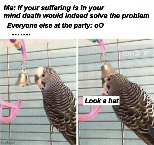 Death party | Me: If your suffering is in your mind death would indeed solve the problem; Everyone else at the party: oO; ……. Look a hat | image tagged in n | made w/ Imgflip meme maker