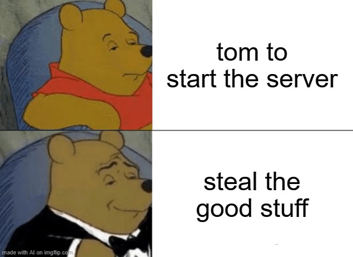 Tuxedo Winnie The Pooh | tom to start the server; steal the good stuff | image tagged in memes,tuxedo winnie the pooh | made w/ Imgflip meme maker